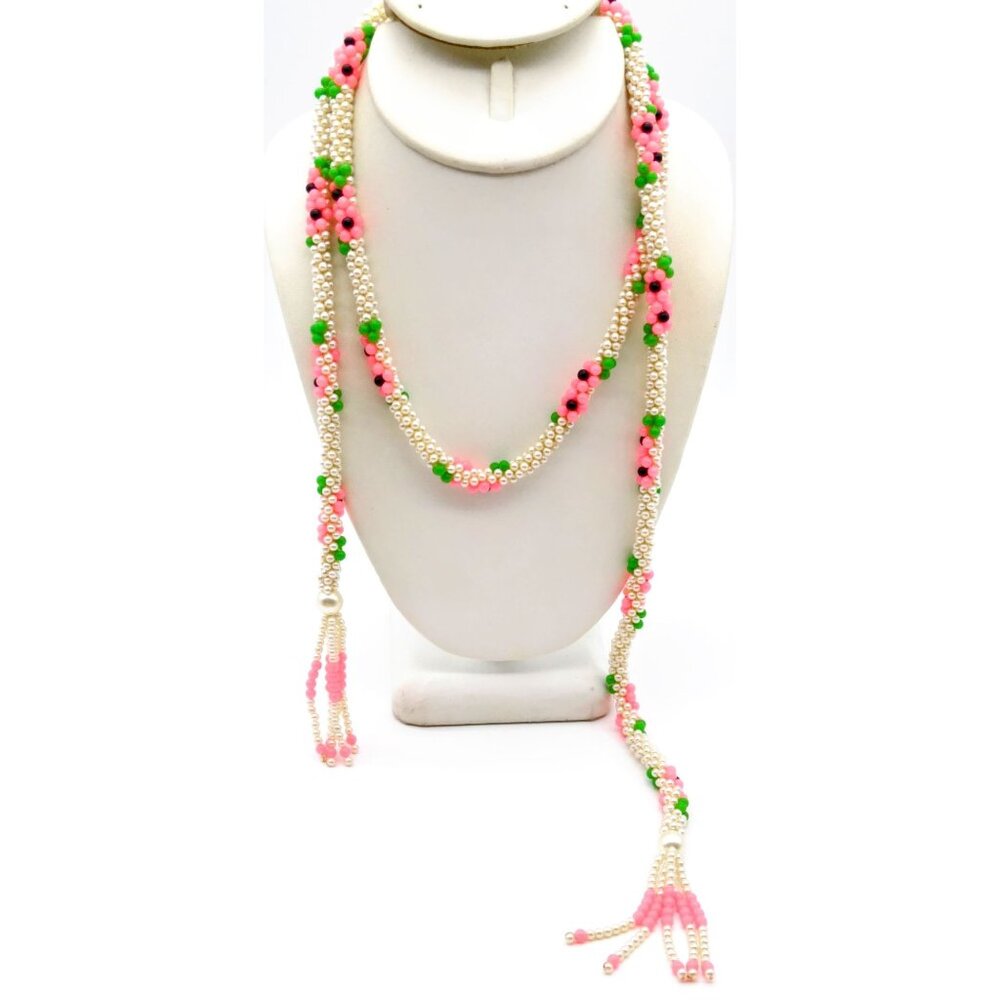 Crocheted Seed Pearls Rope Lariat, Elegant Flapper Floral Sautoir, Classy